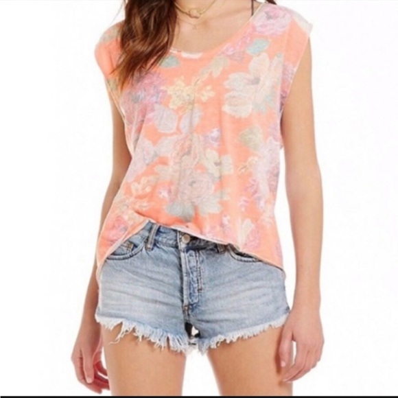 We the Free Oversized Orange Combo Floral Gardenia Tee - Picture 1 of 12